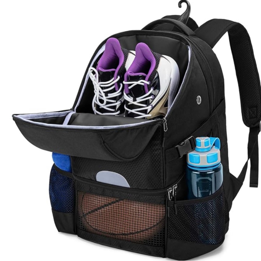 Black Sports Backpack with Shoe Compartment for your basketball or gym needs.